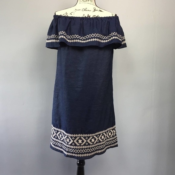 𝅺dressbarn Westport Off the Shoulder Flounce Embroidered Chambray Dress Size S - Picture 1 of 12